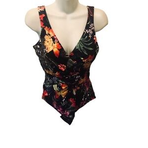 Dreamsuit One Piece Slimming Hawaiian Print Wrap Style Ruched Swimsuit Sz 10